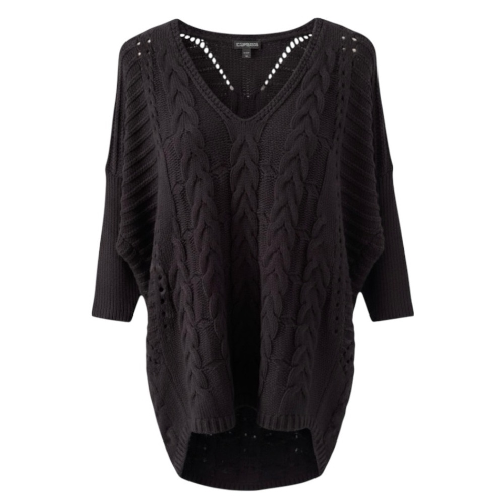 Express Black V-Neck 3/4 Sleeve Cable Knit Sweater Size Small